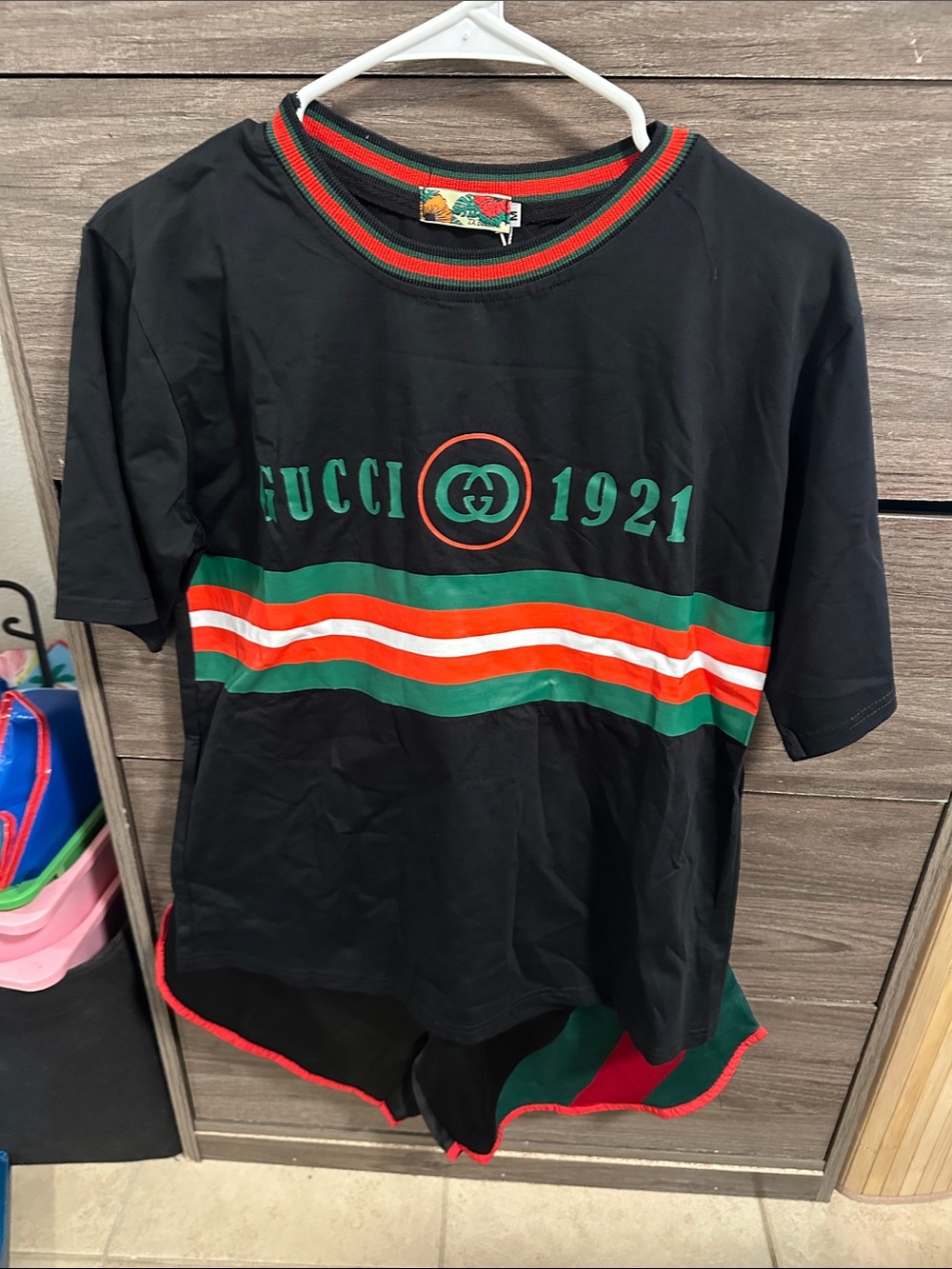Black T‑Shirt with Green & Red Stripes set size S